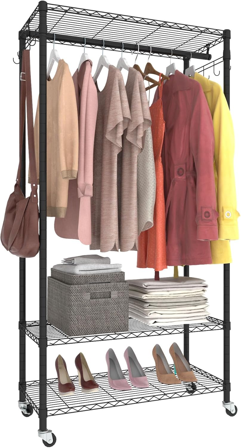 Rolling Portable Garment Rack,Freestanding Clothes Racks, Portable Closet Wardrobe with 3