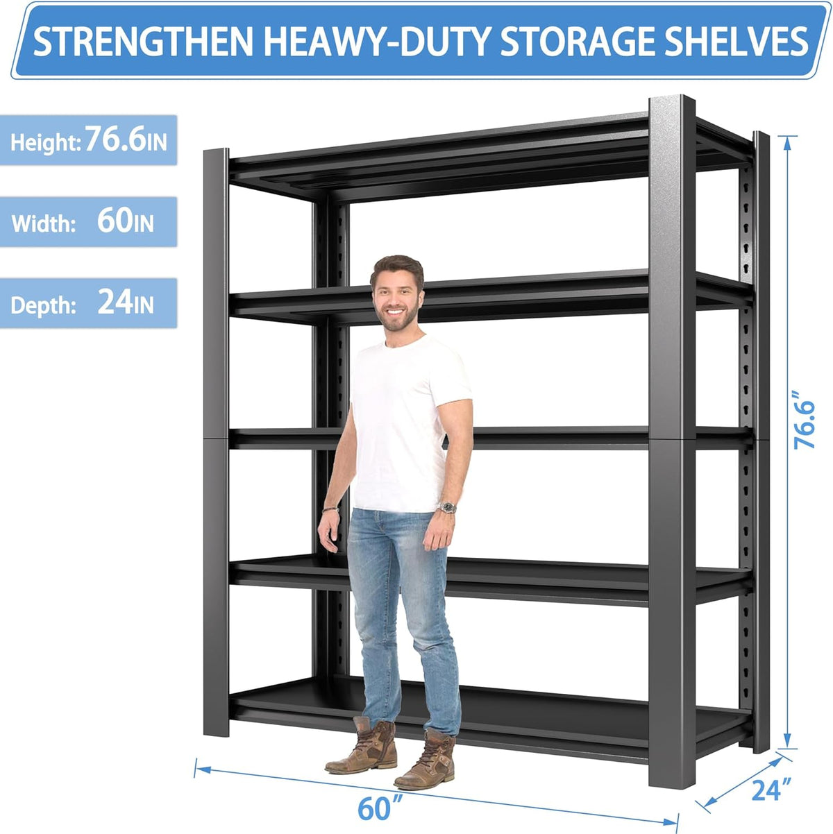 5-Tier Garage Shelving Heavy Duty, 3000 LBS Capacity Metal Storage Rack 76" H x 60" W x 24" D