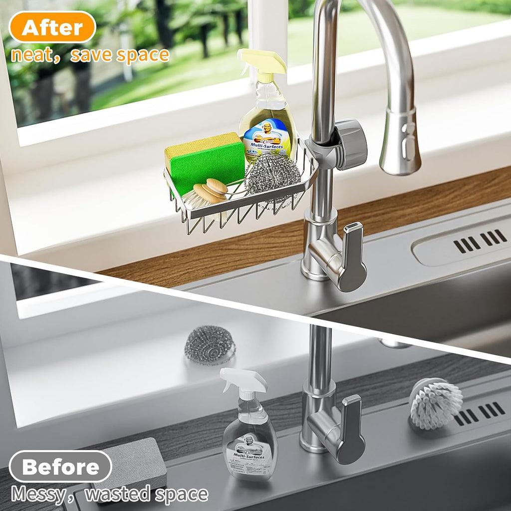 LONIN Sponge Holder Over Faucet Kitchen Sink Caddy Organizer, Stainless Steel Detachable Hanging
