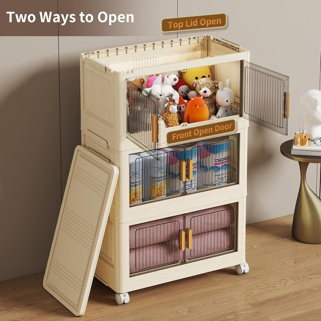 3 Tier Stackable Plastic Storage Bins with Lids 48QT, Collapsible Closet Organizers and Storage