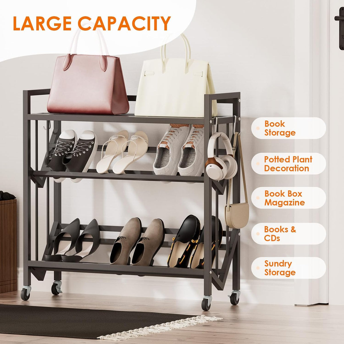 Book Carts 3 Tier 35.4x32x9.84 in Rolling Book Cart Large Capacity Bookshelf Storage Rack Mobile