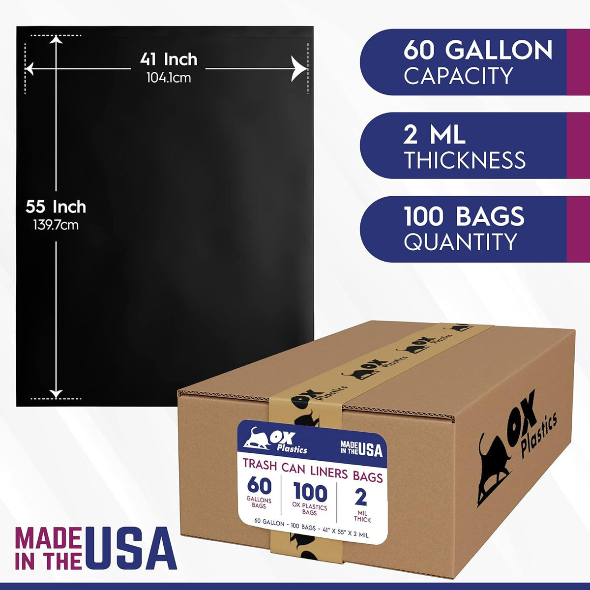 Ox Plastics 60 Gallon Trash Can Liners Garbage Bags - 100 Count & 2mil Thick Extra Heavy Duty Trash