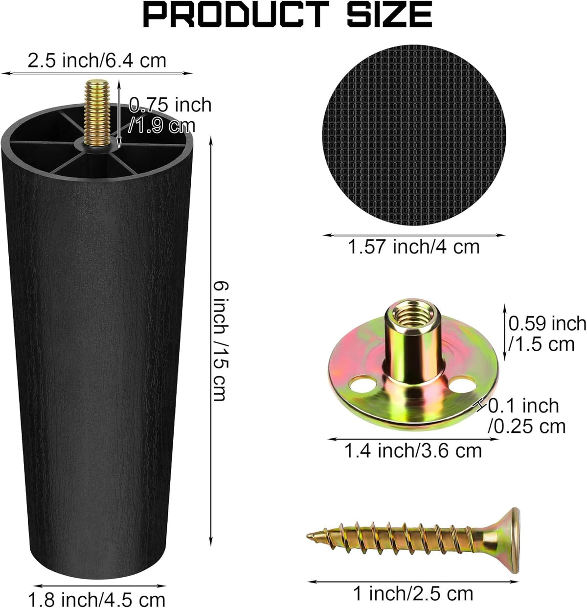 TURSTIN 8 Pack 6 Inch Plastic Furniture Legs with M8 T-Nuts Screws Tapered Sofa Couch and Chair