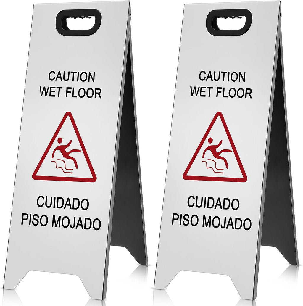 2 Pcs 24 Inch Stainless Steel Wet Floor Sign, Heavy Duty Caution Wet Floor Sign Double Sided