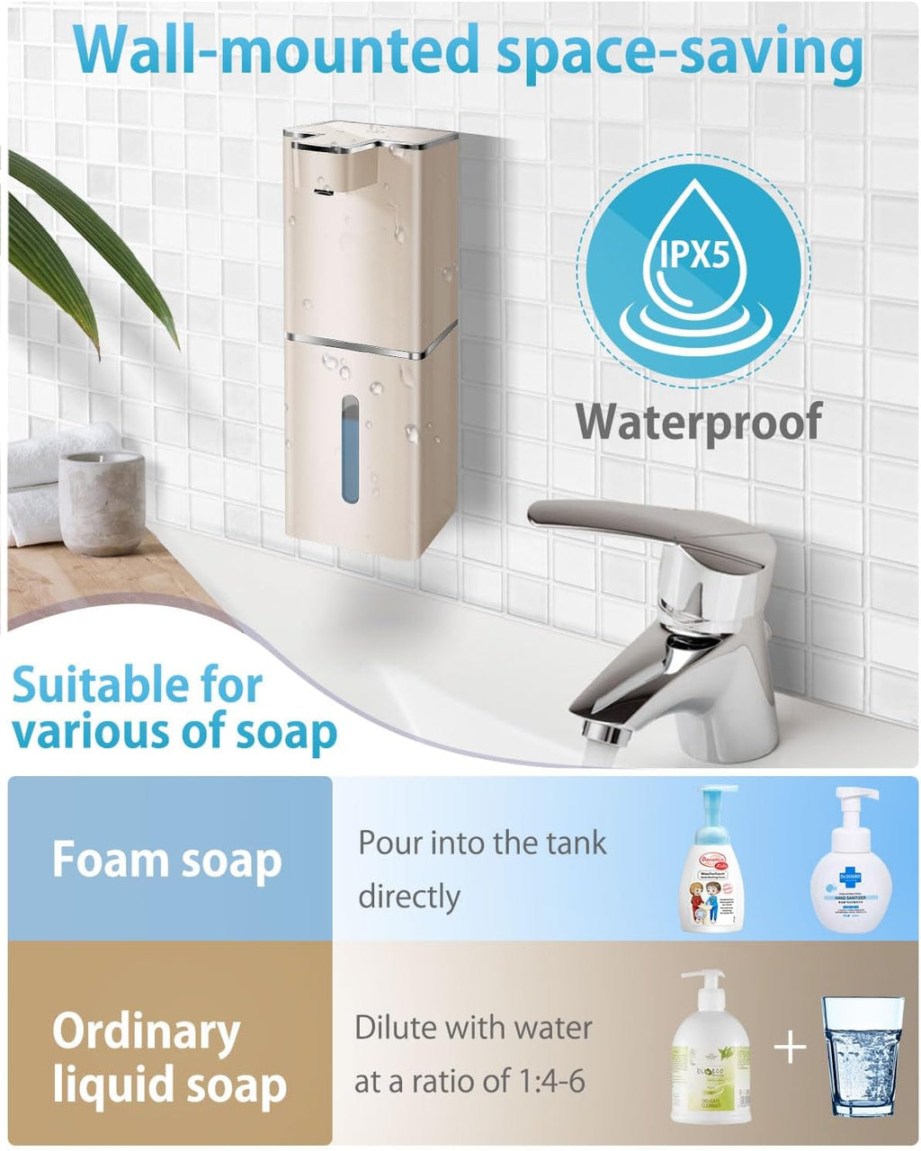 Automatic Soap Dispenser Touchless Foaming Soap Dispenser 300ml/12.8oz Rechargeable, Wall Mounted 4