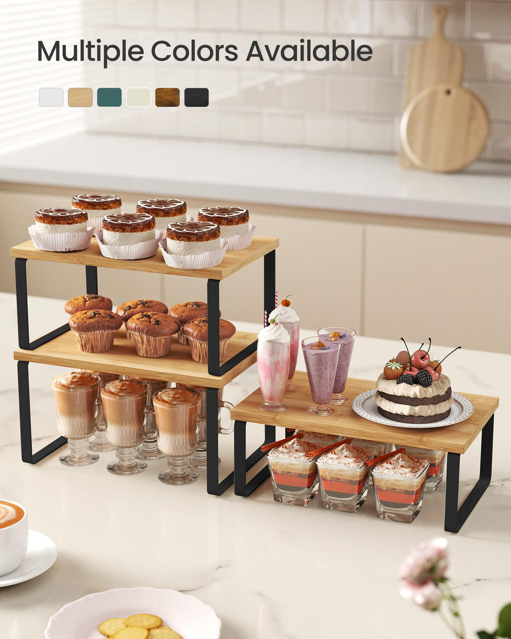 SONGMICS Cabinet Organizer Shelf, Set of 3 Kitchen Counter Shelves, Kitchen Storage, Spice Rack