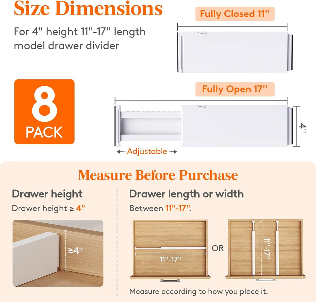 Lifewit 8 Pack Drawer Dividers 4" High,11-17" Adjustable Dresser Drawer Organizers for Clothes