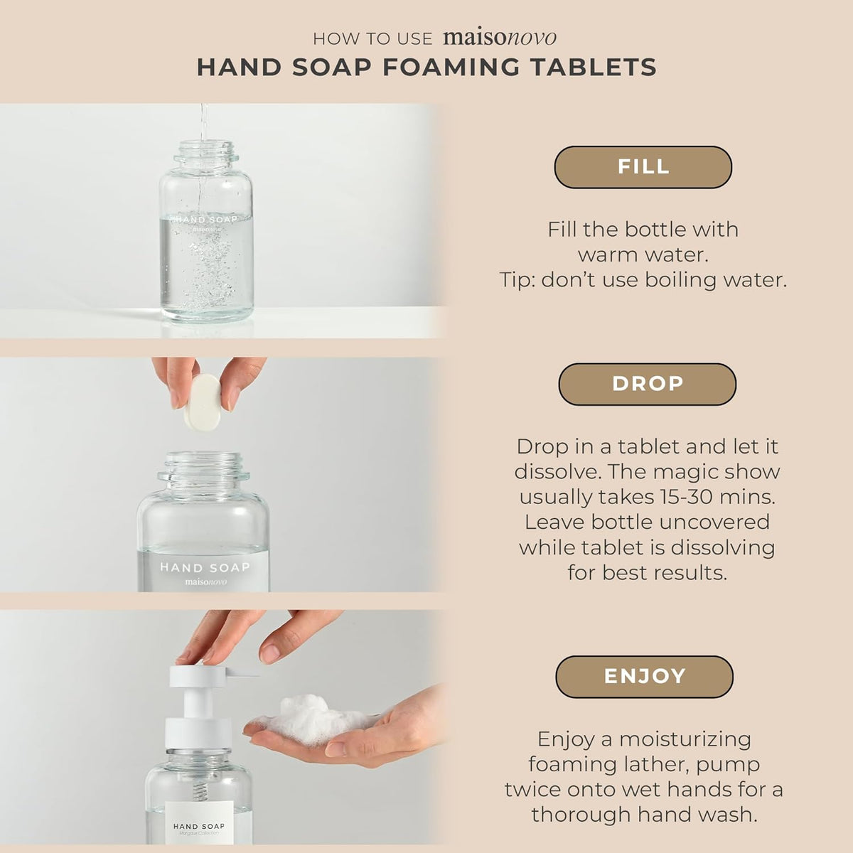 MaisoNovo 14 oz Clear Glass Foaming Soap Dispenser with White Pump + Mixed 4 Pack Foaming Hand Soap