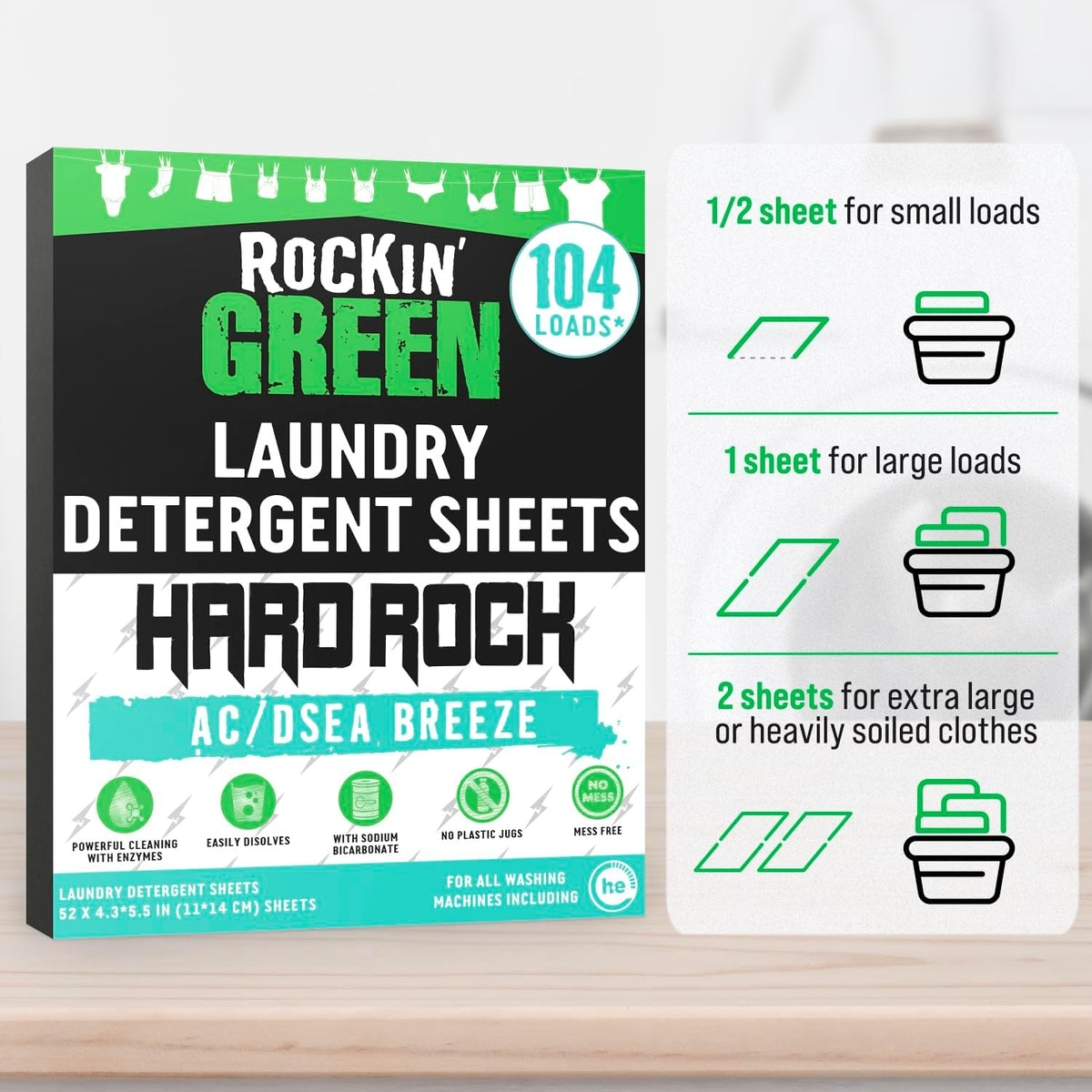 Rockin' Green Hard Rock Travel Laundry Detergent Sheets for Hard Water - Mess-Free Laundry Sheet