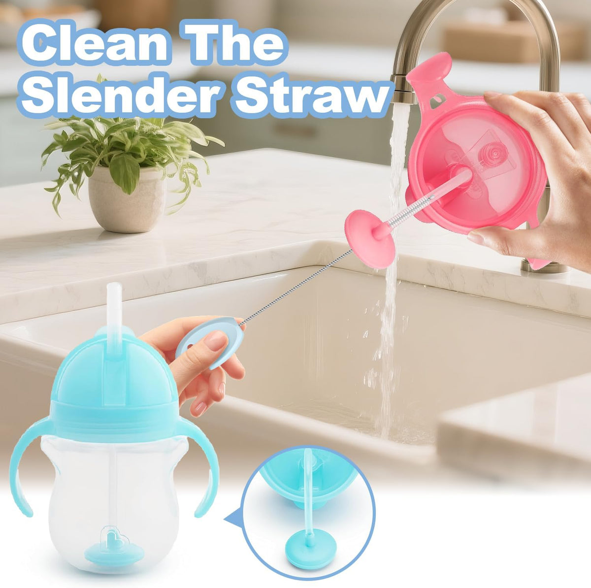 YOTIME Standing Straw Cleaner Brush Set, 4in1 Reusable Straw Brushes with Holder Ring, for Baby