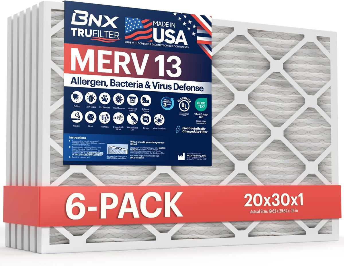 BNX TruFilter 20x30x1 Air Filter MERV 13 (6-Pack) - MADE IN USA - Electrostatic Pleated Air