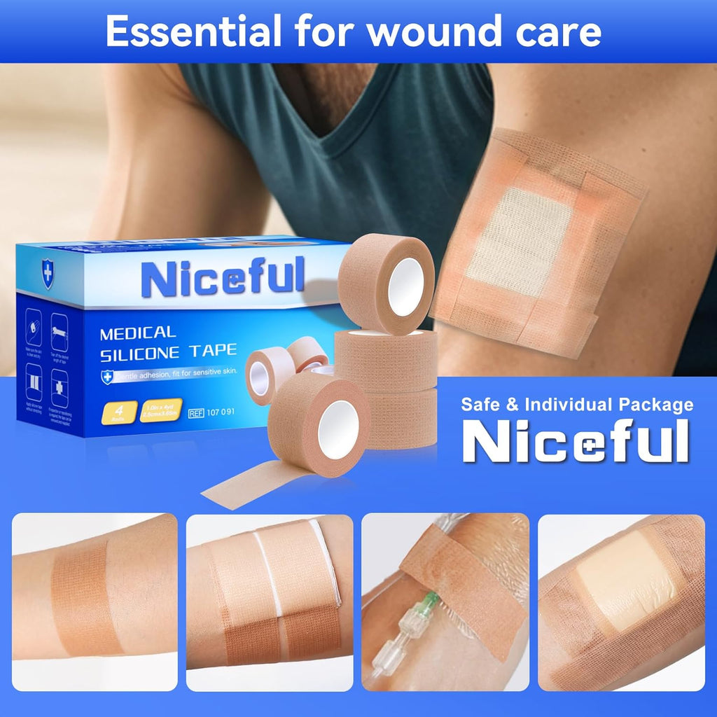 4 Rolls Medical Tape 1" x 4 Yard - Silicone Tape for Wound Care, Secures Dressings and Gauze, Easy