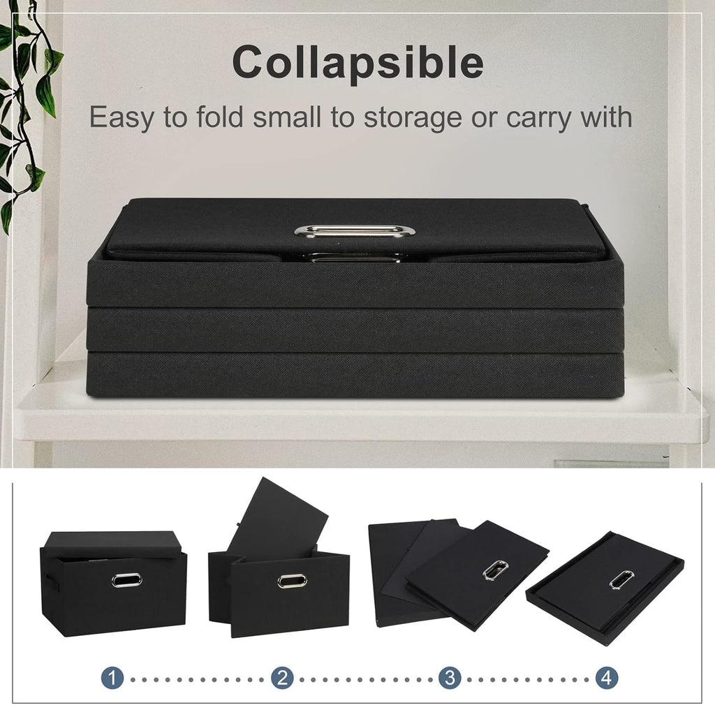 Medium 15" 21 Quart Collapsible Stackable Storage Bins with Lids, 5 Packs Black Foldable Fabric