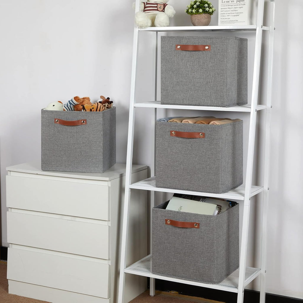 Temary 12x12 Storage Cube Bins 4 Pack Fabric Storage Cubes Storage Bins with Leather Handles