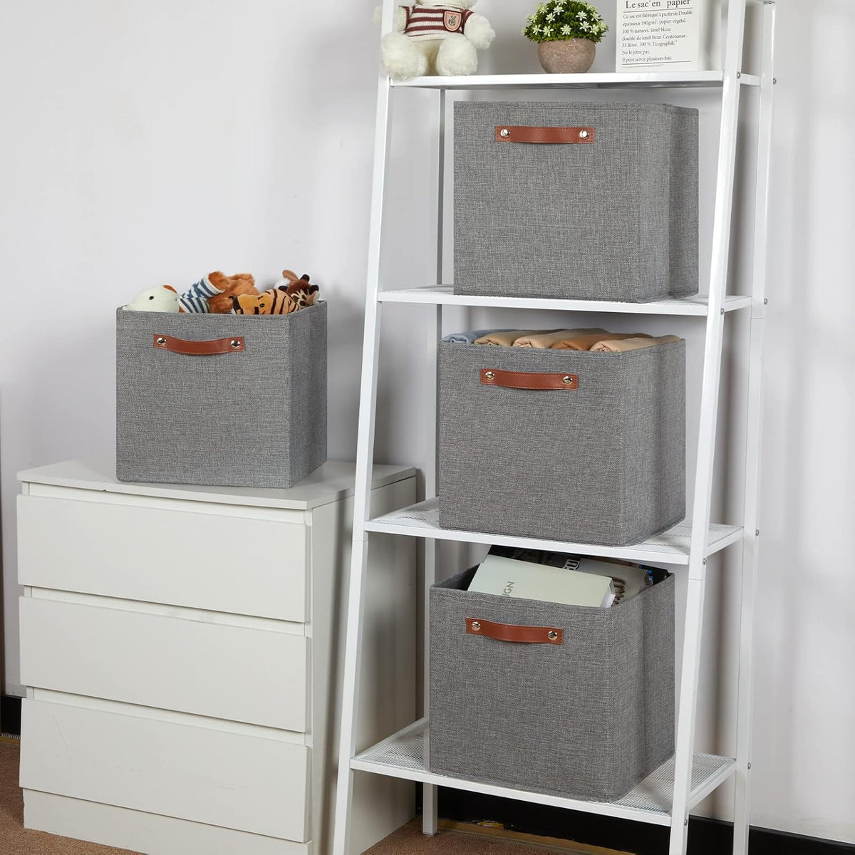 Temary 12x12 Storage Cube Bins 4 Pack Fabric Storage Cubes Storage Bins with Leather Handles