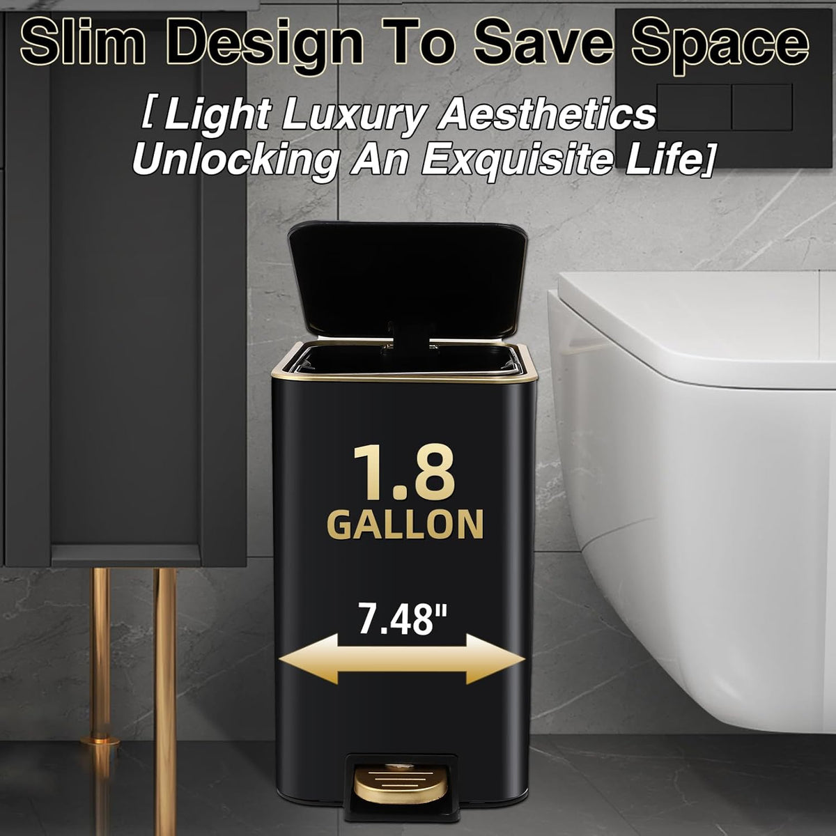 Small Bathroom Trash Can with Lid Soft Close, 1.8 Gallon Stainless Steel Garbage Can with Removable