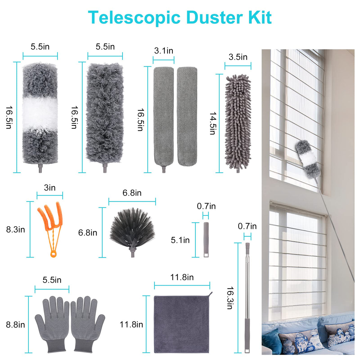12pcs Microfiber Dusters, Duster with Extension Pole(Stainless Steel) 30 to 100'', Washable