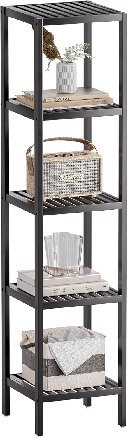 SMIBUY Bathroom Storage Shelf, 5-Tier Bamboo Rack Organizer, Multifunctional Shelving Unit for