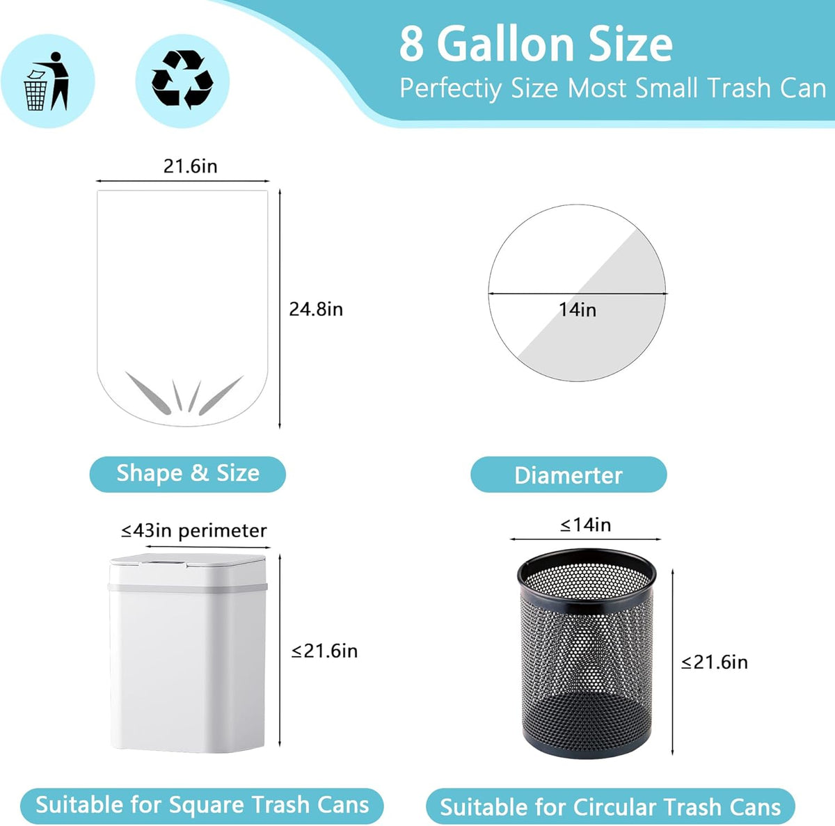 300 Count 8 Gallon Trash Bags, 13 Micron Extra Thick Medium Garbage Bags, 7-9 Gallon Unscented