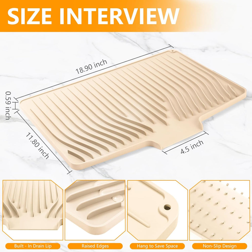 Silicone Dish Drying Mat for Kitchen Counter, Dish Drainer Mat, Non-Slip Drying Pad with Built-in