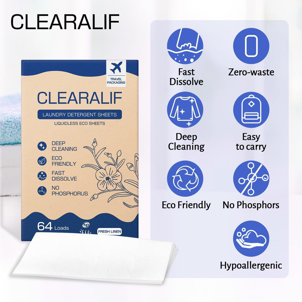 CLEARALIF Laundry Detergent Sheets, Fresh Linen, 64 Load, CLEARALIF Laundry Detergent Strips Eco