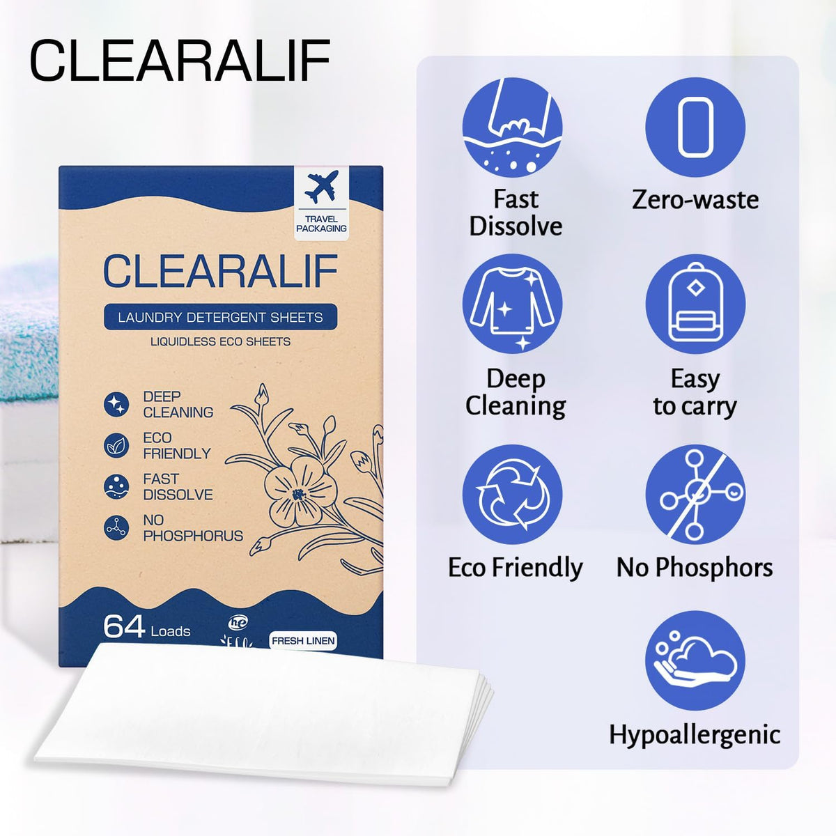 CLEARALIF Laundry Detergent Sheets, Fresh Linen, 64 Load, CLEARALIF Laundry Detergent Strips Eco