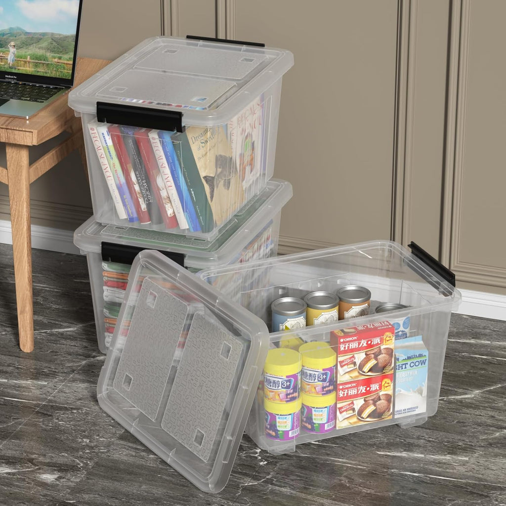 Zopnny 30 Quart Plastic Stacker Box, Large Storage Bin Container with Latching Lids and Wheels for