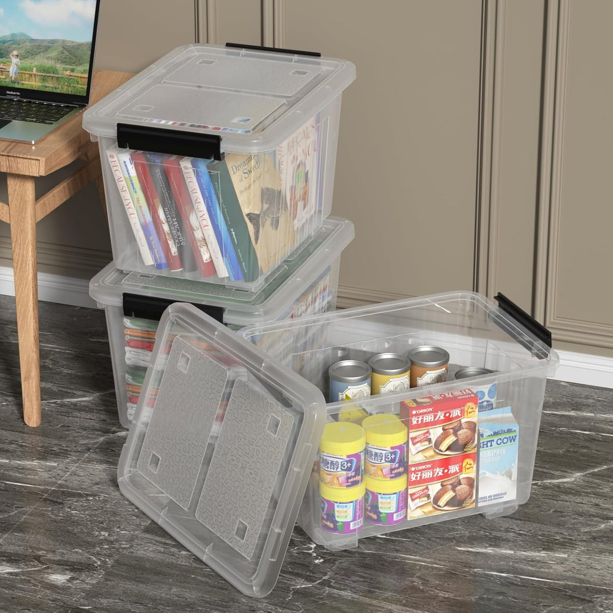 Zopnny 30 Quart Plastic Stacker Box, Large Storage Bin Container with Latching Lids and Wheels for
