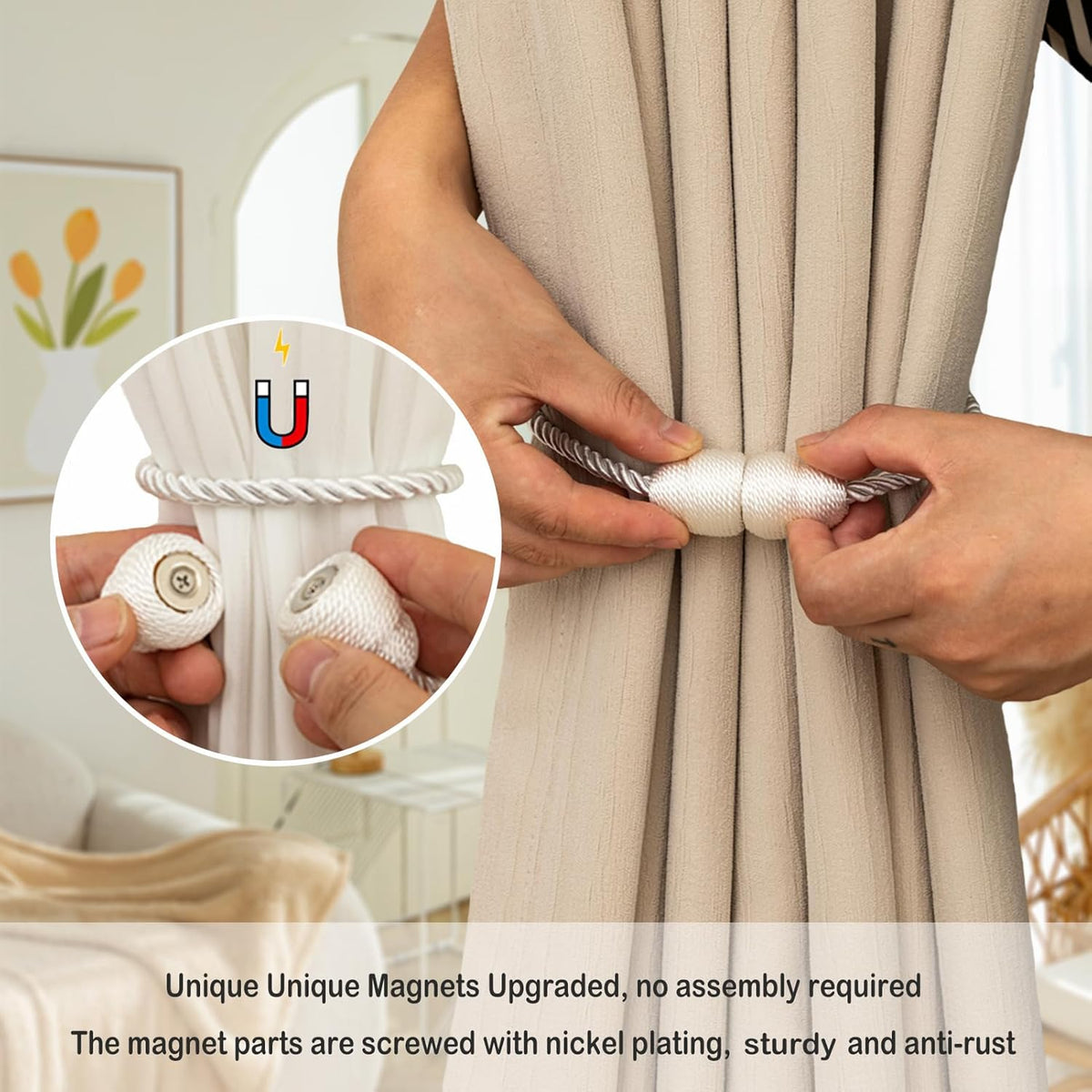 Magnetic Curtain Tiebacks Rope Tie Backs 2 Pack Curtains Holders for Drapes Decorative Window