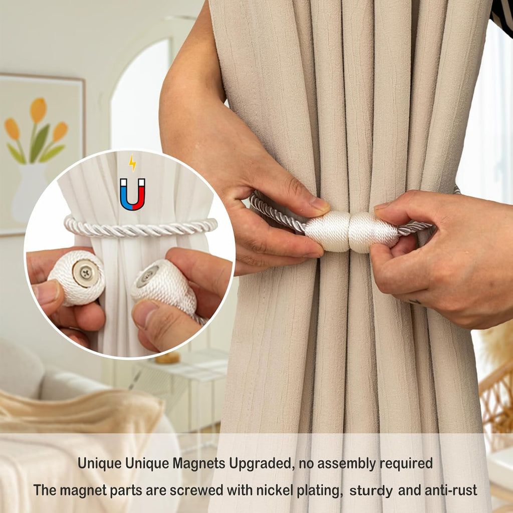 Magnetic Curtain Tiebacks - Rope Tie Backs for Curtains & Drapes - Decorative Window Holdbacks (6