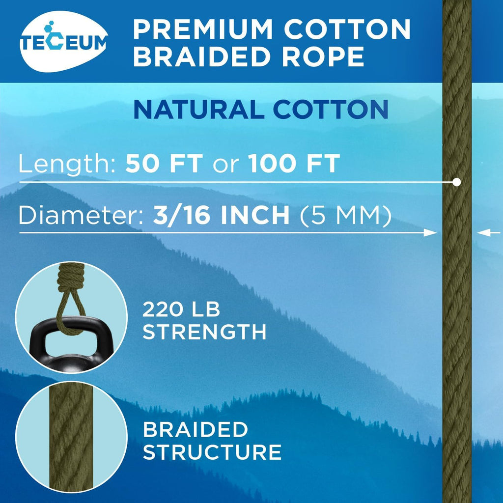 TECEUM Cotton Rope 3/16” (5 mm) – 50 FT – Strong All-Purpose Braided Rope – Natural Cotton – for