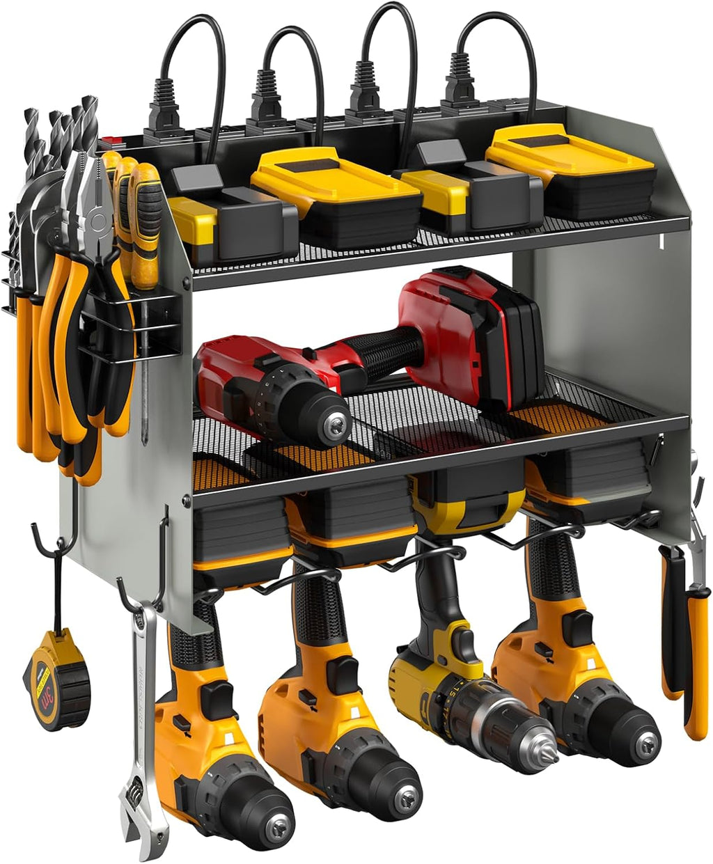 CCCEI Set Power Tool Organizer Wall Mount with Charging Station. Garage 4 Drill Storage Shelf with