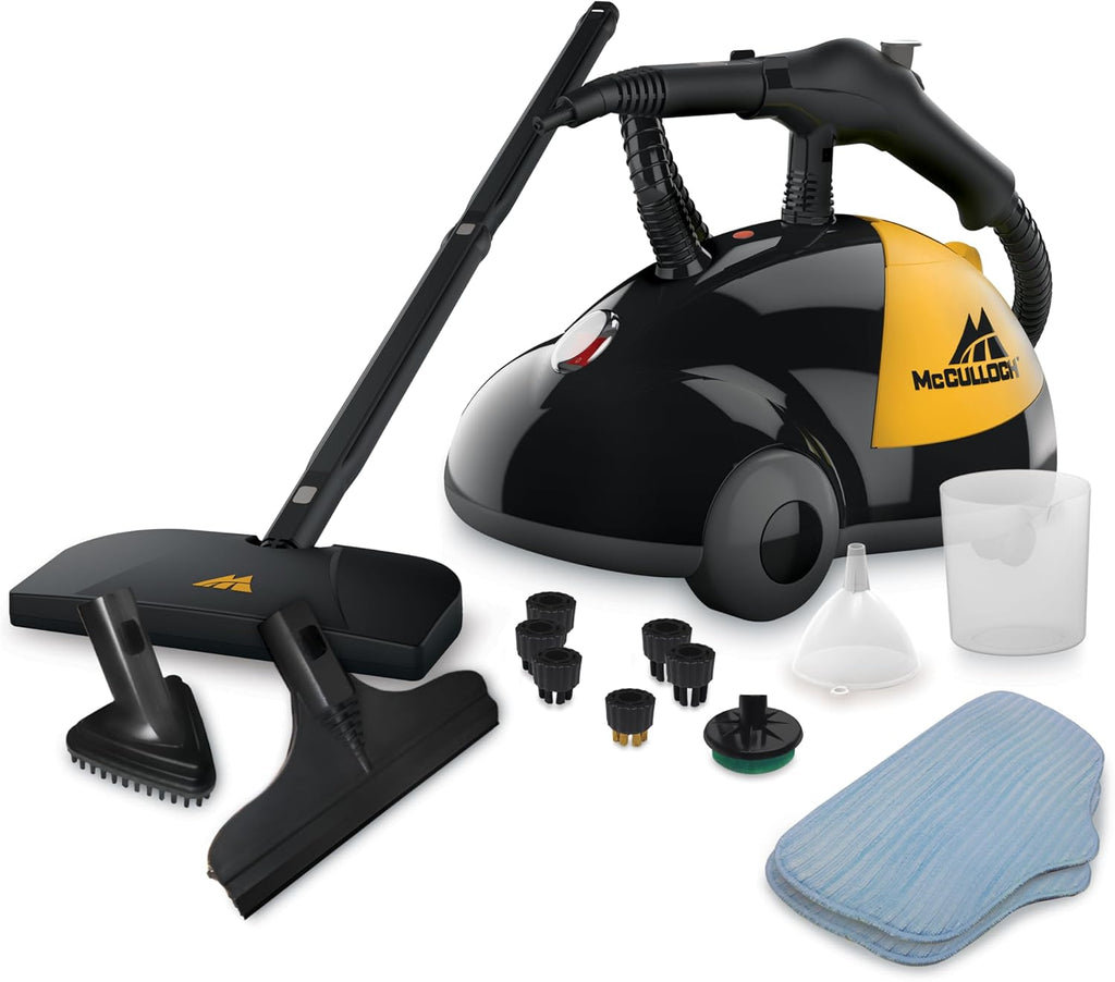 McCulloch MC1275 Heavy-Duty Steam Cleaner, 45 Minute Runtime, 18 Accessories: Mop Head, Brushes, &