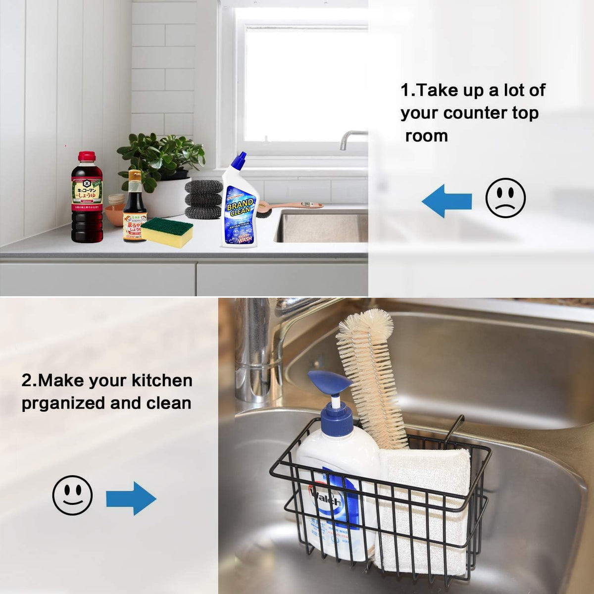 Kitchen Sponge Holder, Dish Brush Holder, Slim Sink Organization/Draining Basket/Liquid