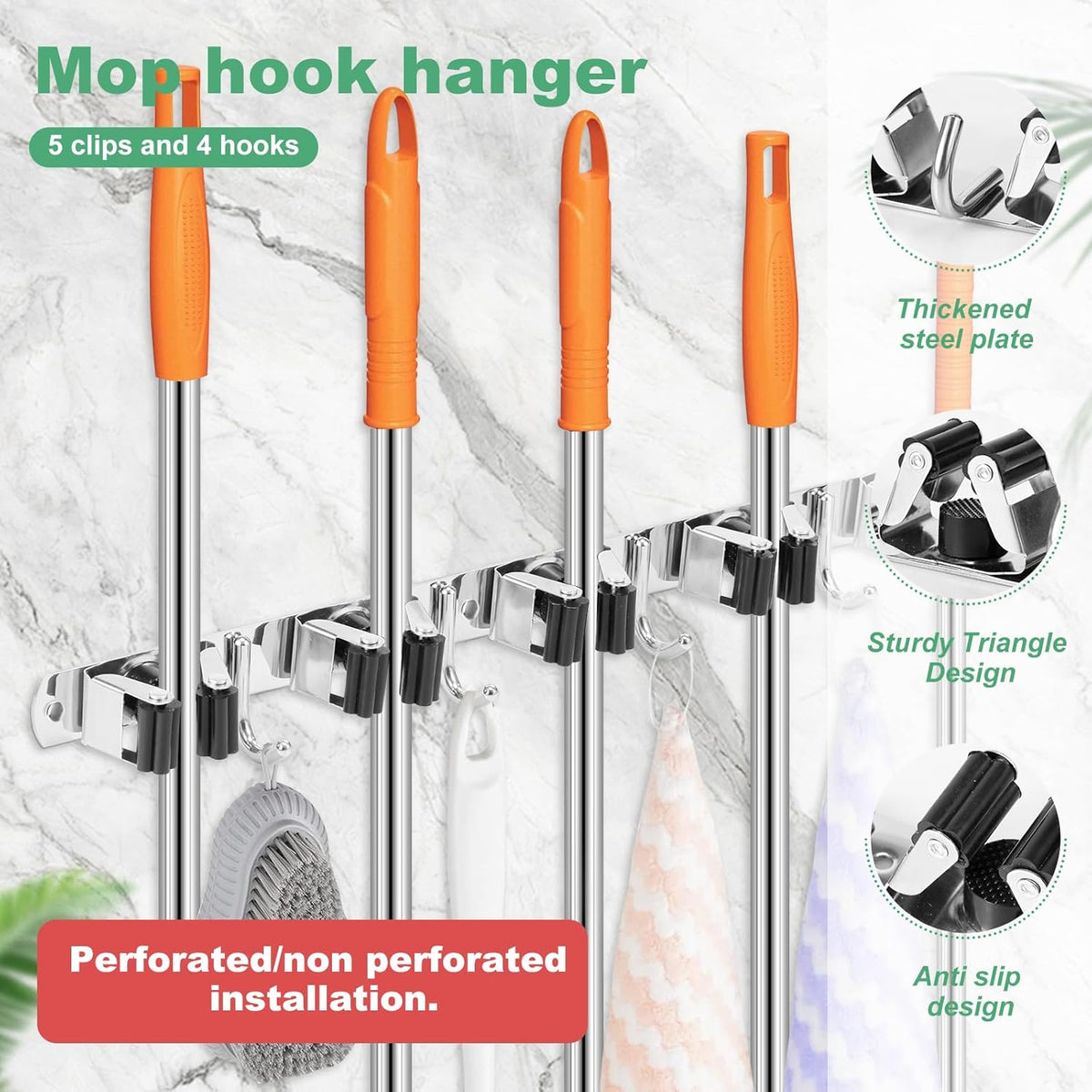 5Pcs 5 Racks 4 Hooks Stainless Steel Broom Mop Holder Anti Slip Wall Mount Broom Storage Rack