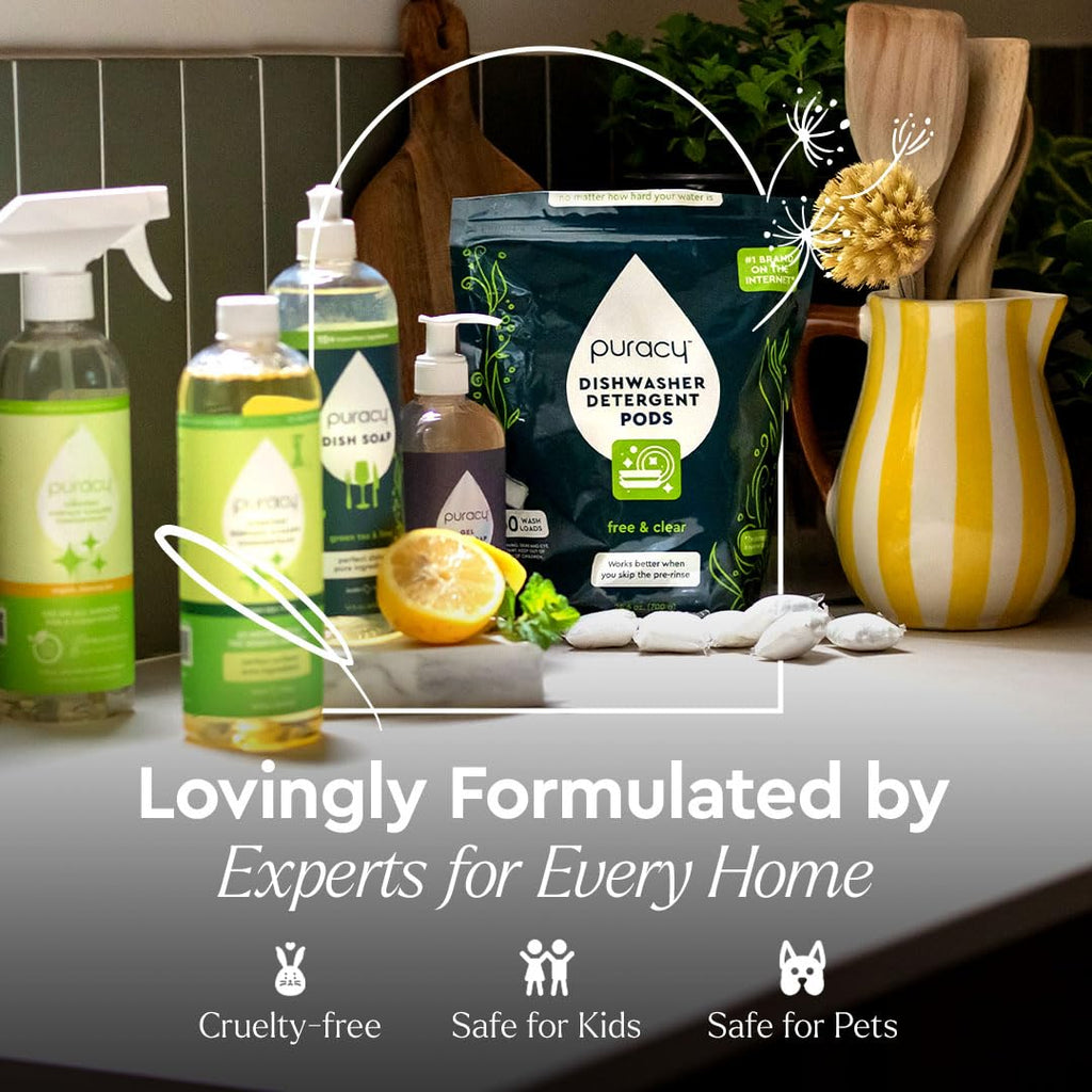 Puracy Dishwasher Pods, Natural Dishwasher Detergent, Free & Clear Dish tabs - Enzyme-Powered, Spot