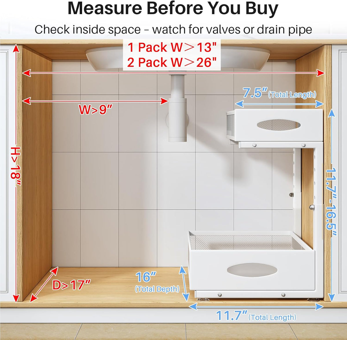 Under Sink Organizer, 2 Pack 2 Tier Pull Out Under Cabinet Organizer Shelf with Pad for Framed