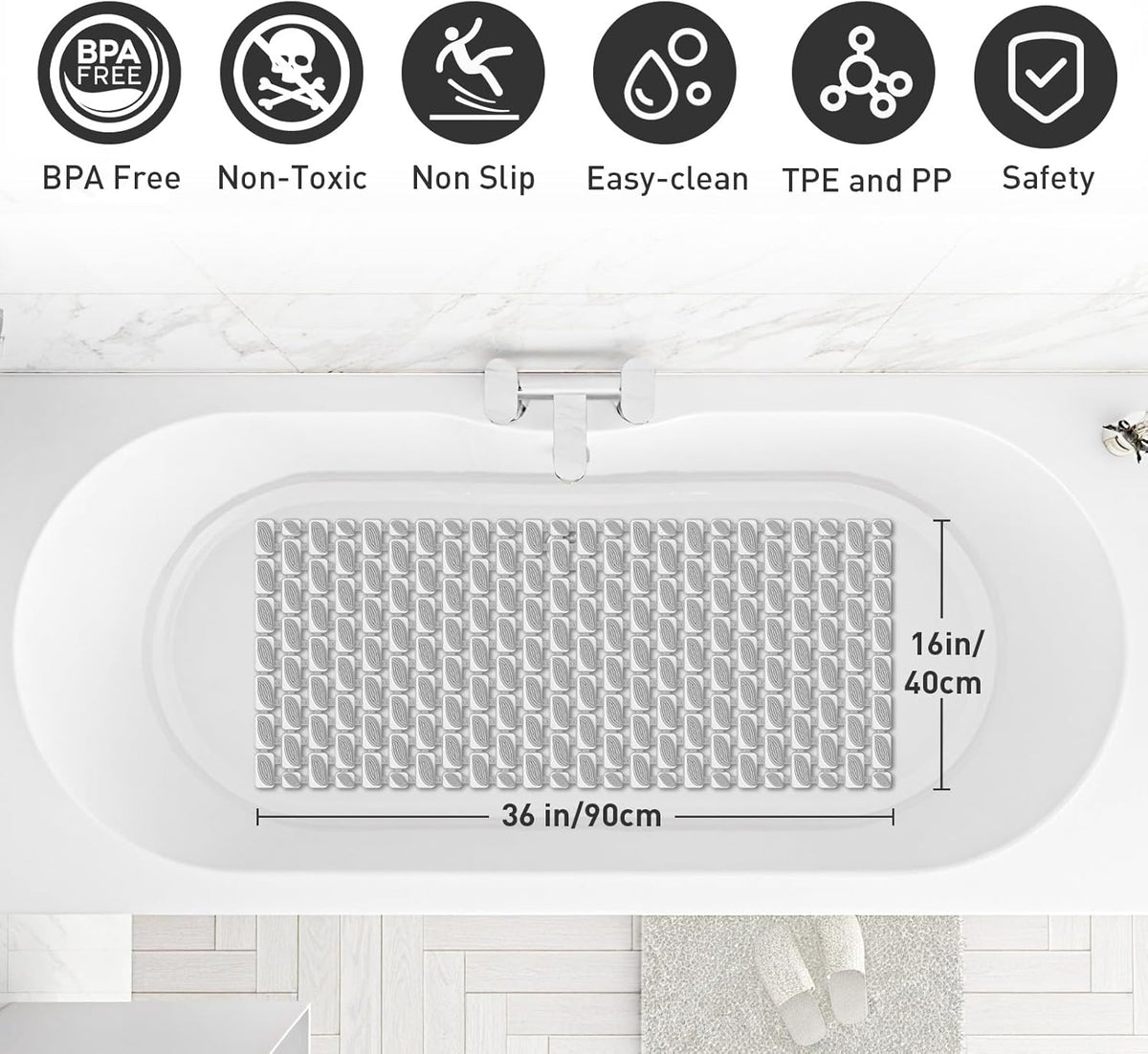 Shower Mat Non Slip Bathtub Mat - 36 x 16 Inch Eco-Friendly Soft Bath Mat for Tub Non Slip Shower
