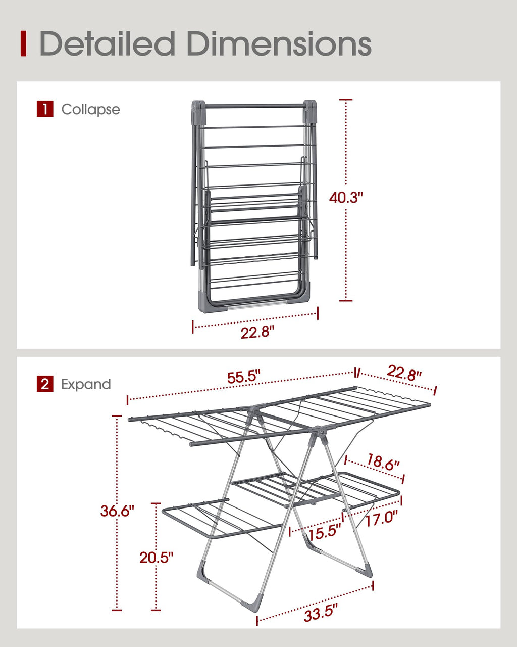 Sakugi Clothes Drying Rack, Foldable 2-Level with 55.5" Adjustable Wings