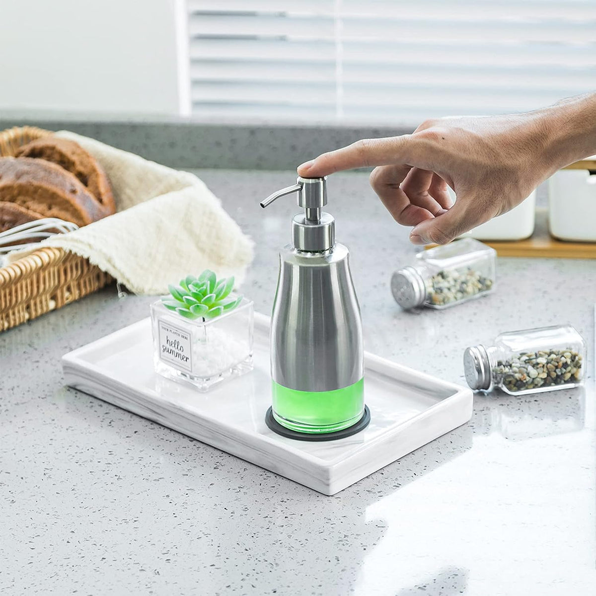 Gaussra Soap Dispenser with Coaster and Stickers, Brushed Nickel Stainless Steel Case Glass Liner