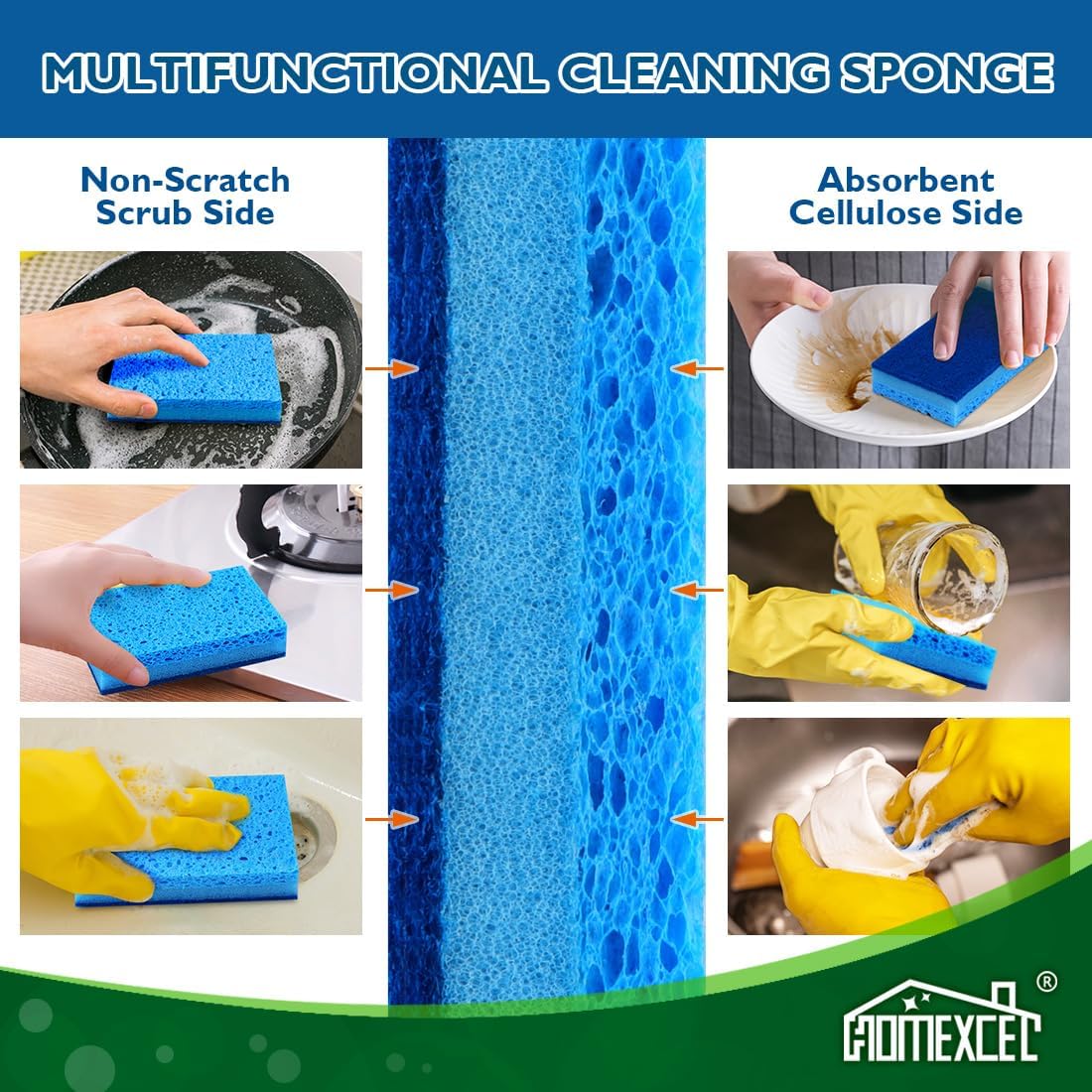 HOMEXCEL Sponges Kitchen 6pcs, Non-Scratch Sponges for Dishes, Scrub Cleaning Sponge Safe on