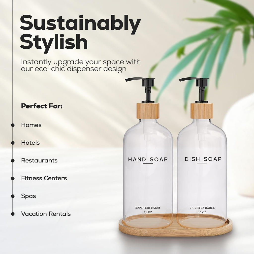Clear Glass Hand and Dish Soap Dispenser Set by Brighter Barns - Kitchen Soap Dispenser Set with