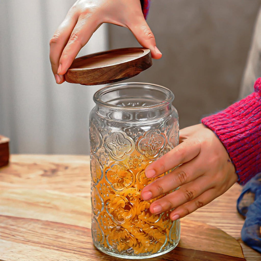 34 OZ/2 PCS Glass Storage Jar with Airtight Bamboo Wooden Lids, Vintage Food Containers Canisters