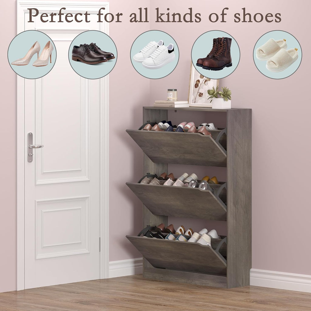 Shoe Cabinet with 3 Flip Drawers, Hidden Wood Shoe Cabinet,Freestanding Shoe Storage Cabinet for