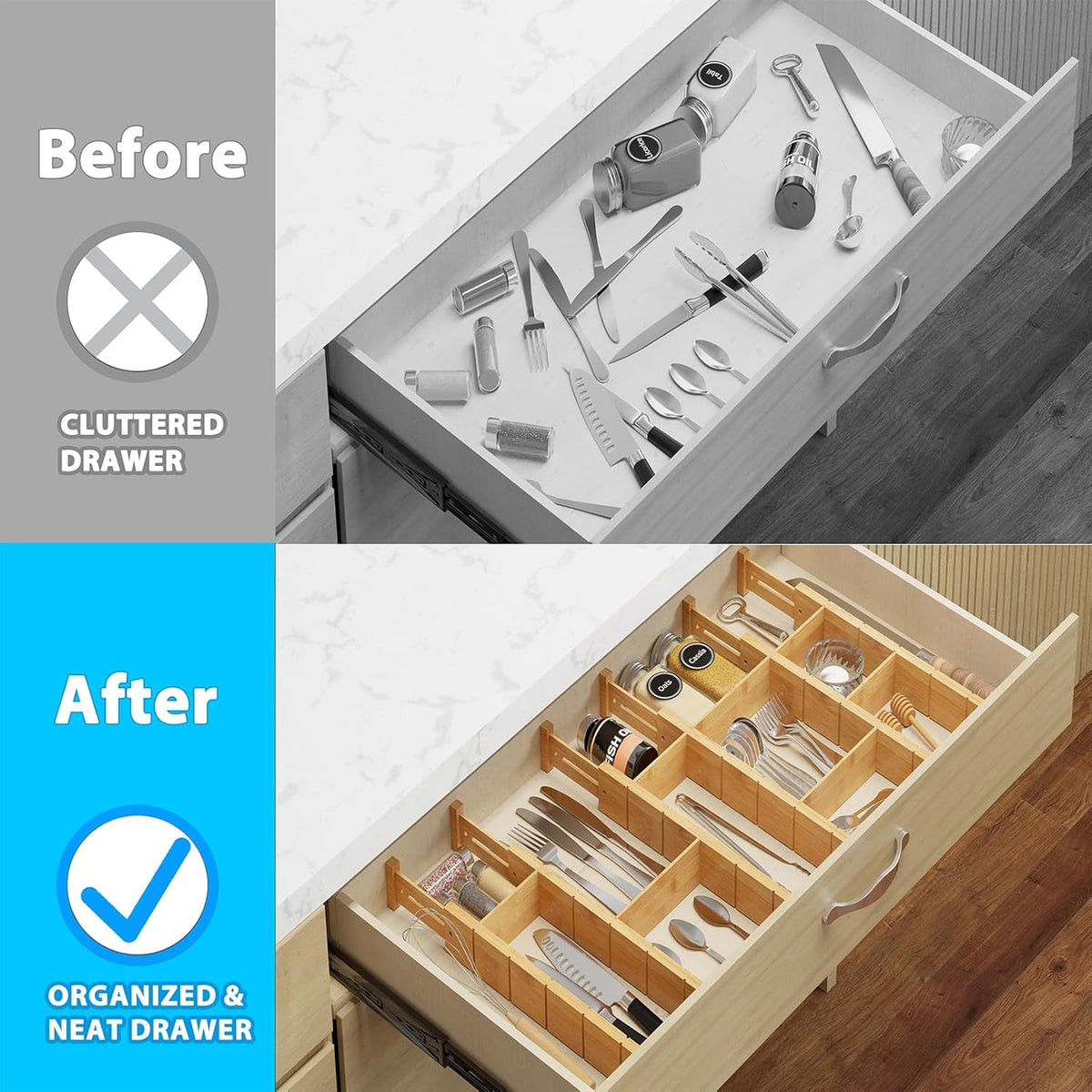 6 Pack Bamboo Drawer Dividers with 12 Inserts, Expandable Adjustable Clothes Drawer Organizers and