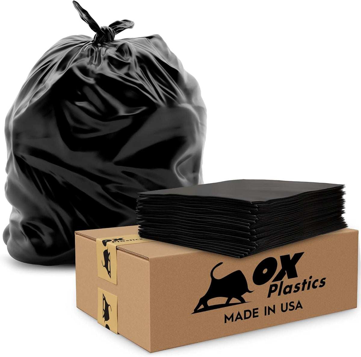 Ox Plastics Trash Can Liners Bags - Extra Heavy Duty Strength - Large Garbage, Leak-Proof &