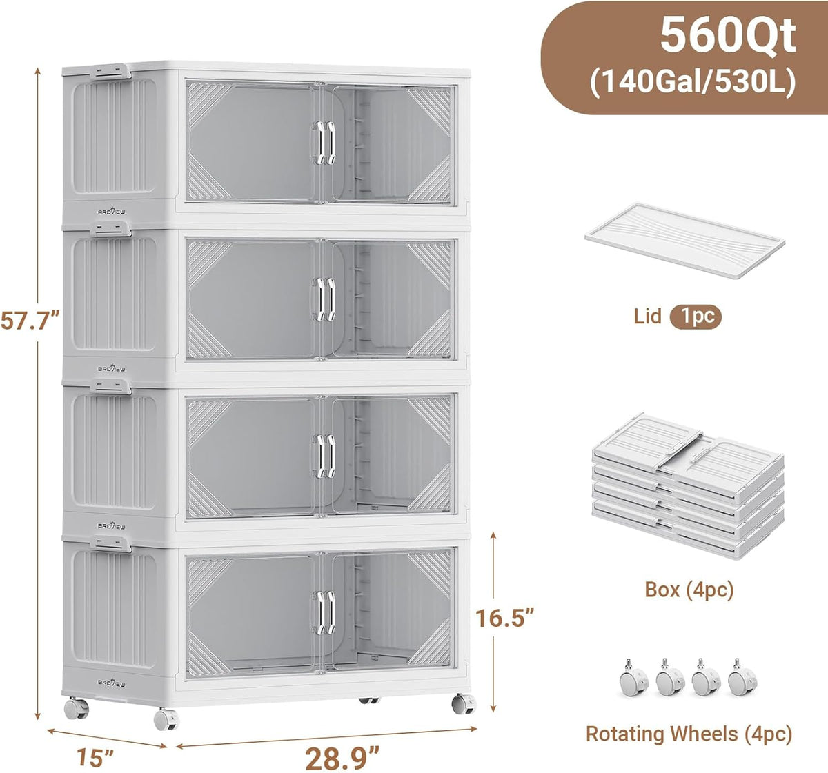 140Gal Plastic Stackable Storage Bins with Lid, 560QT Extra Large Closet Organizers Collapsible