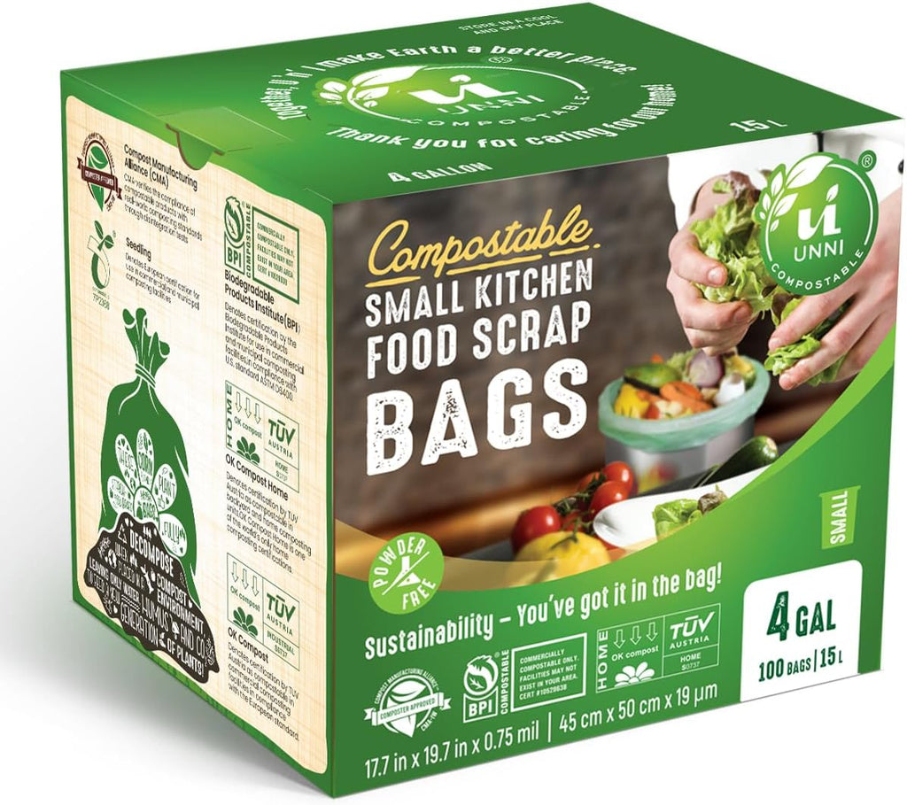 UNNI Compostable Trash Bags, 4 Gallon / 15 Liter, 100 Count, Extra Thick 0.75 mil Small Kitchen