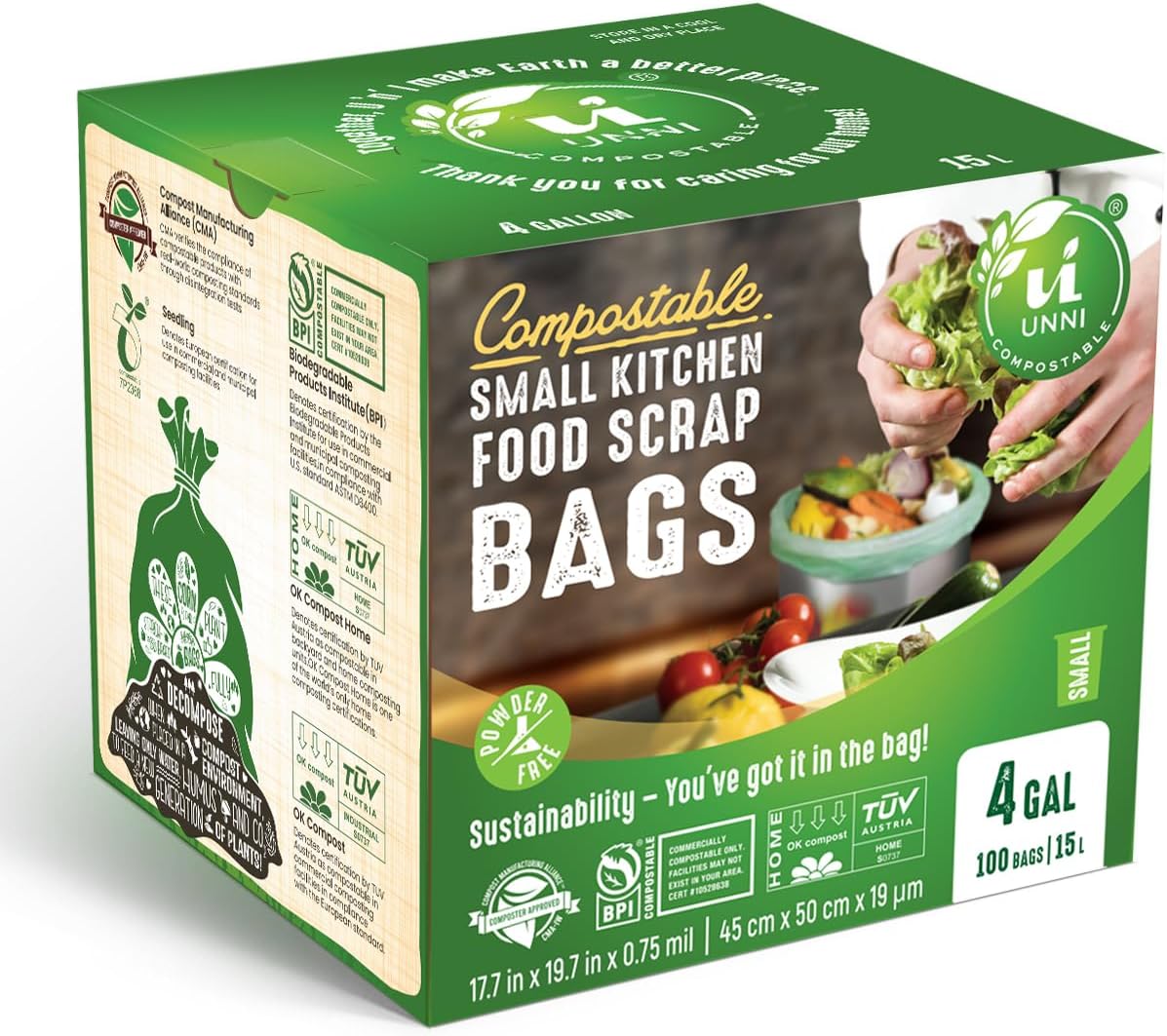UNNI Compostable Trash Bags, 4 Gallon / 15 Liter, 100 Count, Extra Thick 0.75 mil Small Kitchen