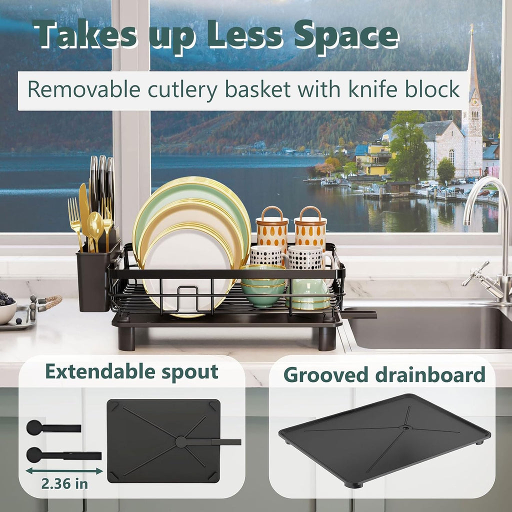 Iron Dish Drying Rack with Drainboard Dish Drainers for Kitchen Counter Extendable Spout Strainers